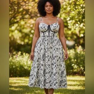 White and Black Floral Midi Dress